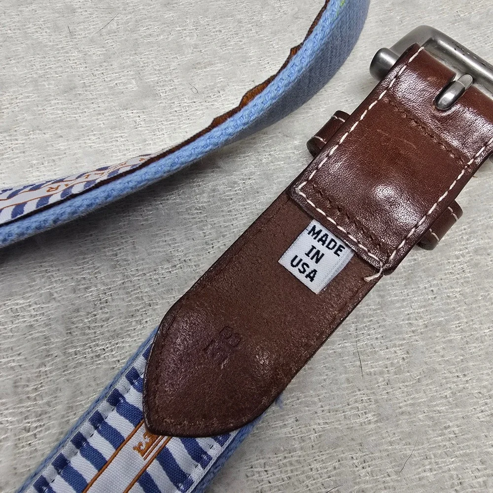 Sea island Peter Millar Golf Belt Men 38 Blue Brown Leather Canvas USA Made
